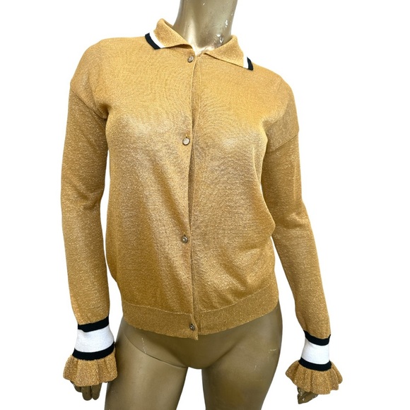 Kontatto gold shimmer metallic ringer collar button down long sleeve cardigan - Picture 1 of 5